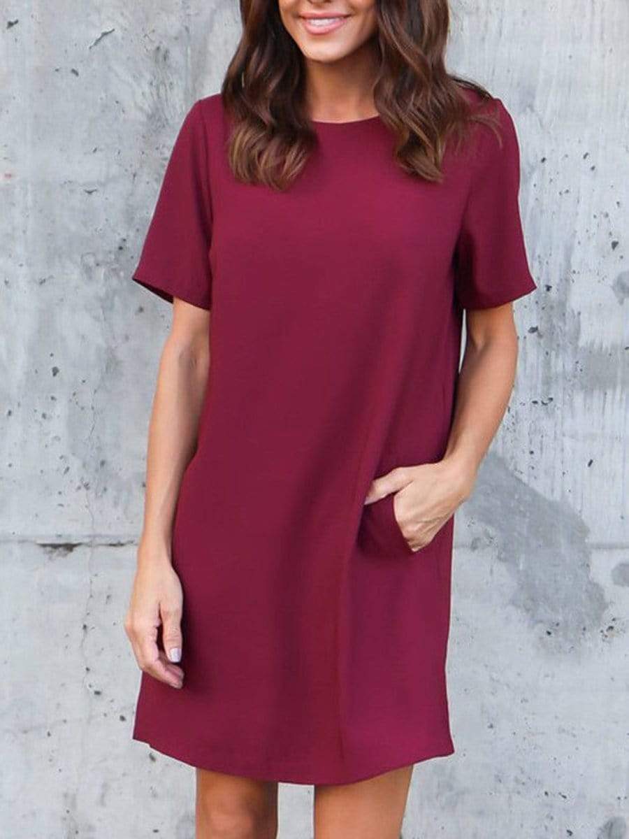 Round Neck  Plain Shift Dress