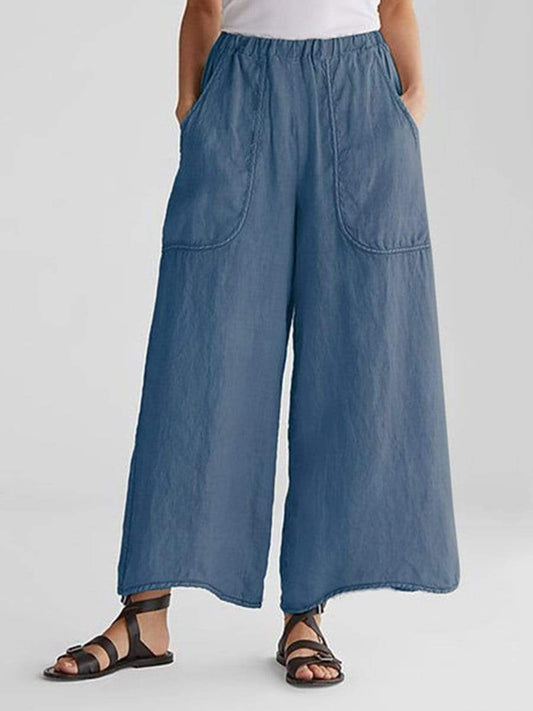 Cotton And Linen Pockets Loose Wide Leg Casual Pants