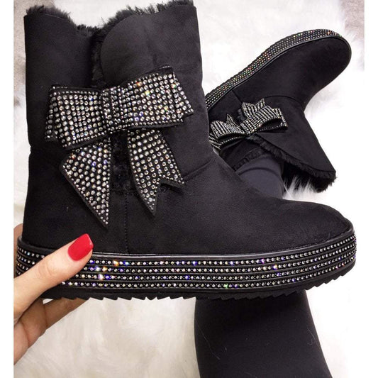 Crystal Ribbon Bow Boots Black