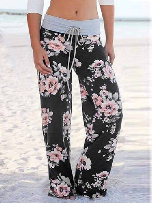 Hot Western Casual Personality High-Rise Wide-Leg Long Floral Print Pants