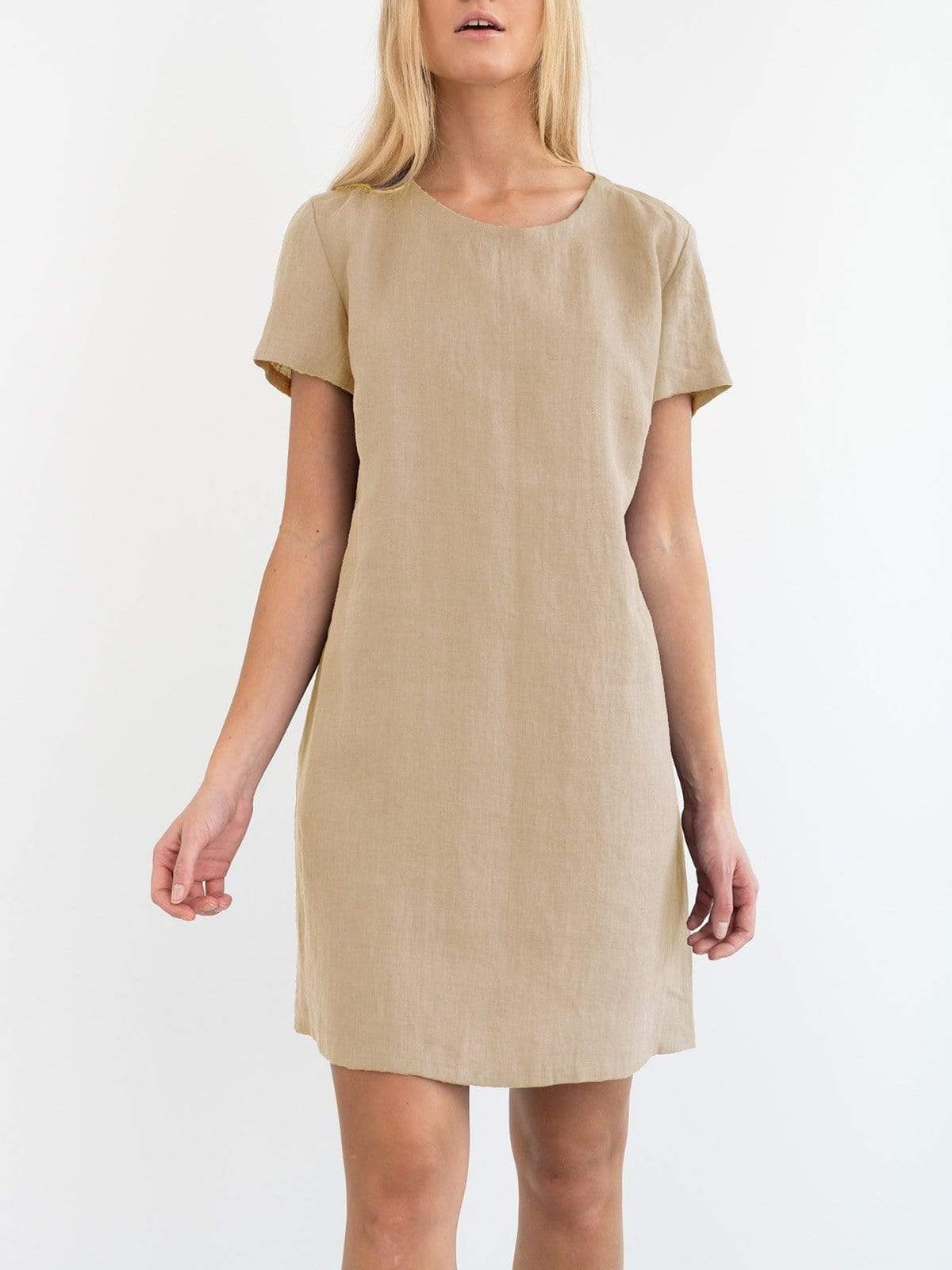 Plus Size Crew Neck Short Sleeve Shift Daily Linen Solid Dress