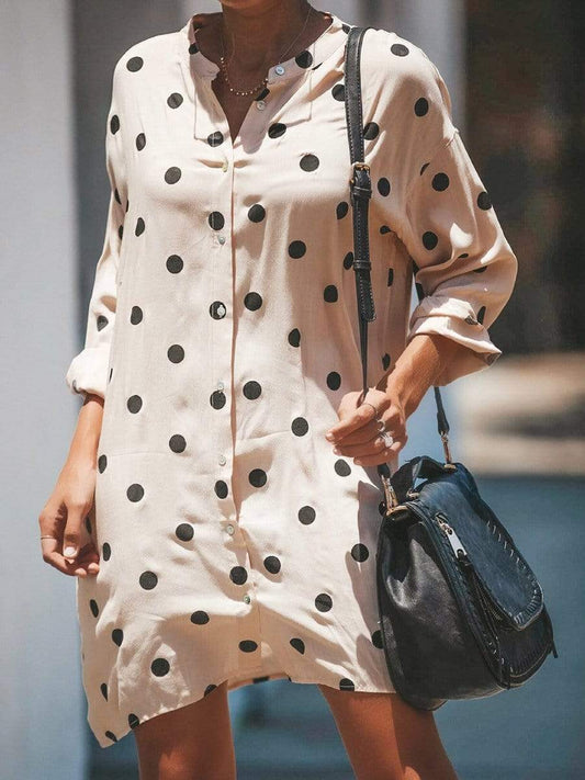 Stand Collar  Polka Dot Buttons Embellished Shift Dresses