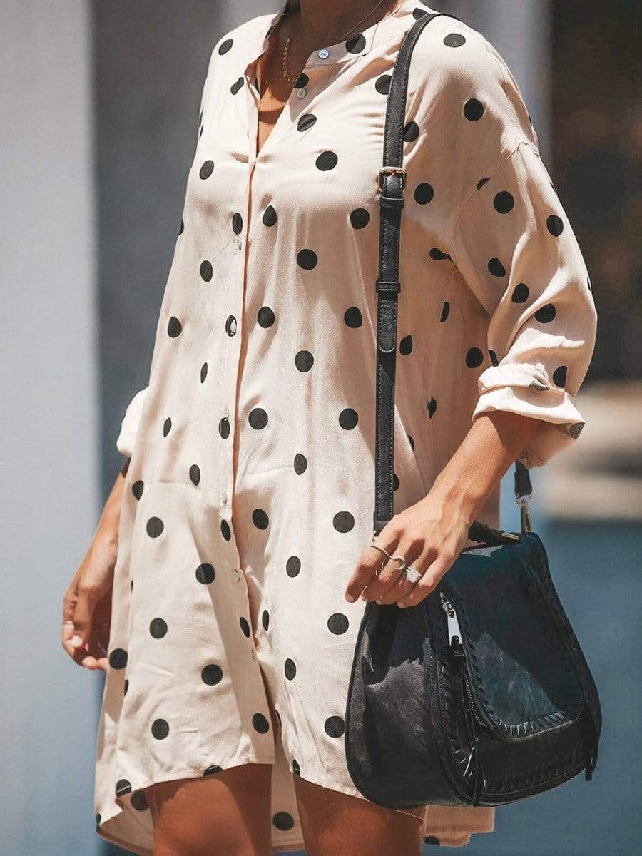 Stand Collar  Polka Dot Buttons Embellished Shift Dresses