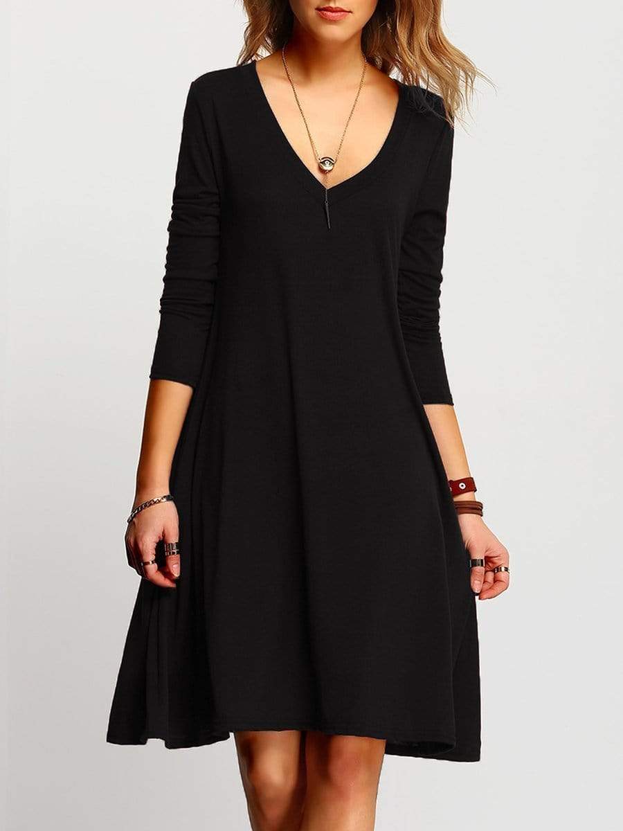 Deep V-Neck Plain Shift Dress