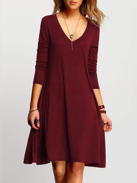 Deep V-Neck Plain Shift Dress