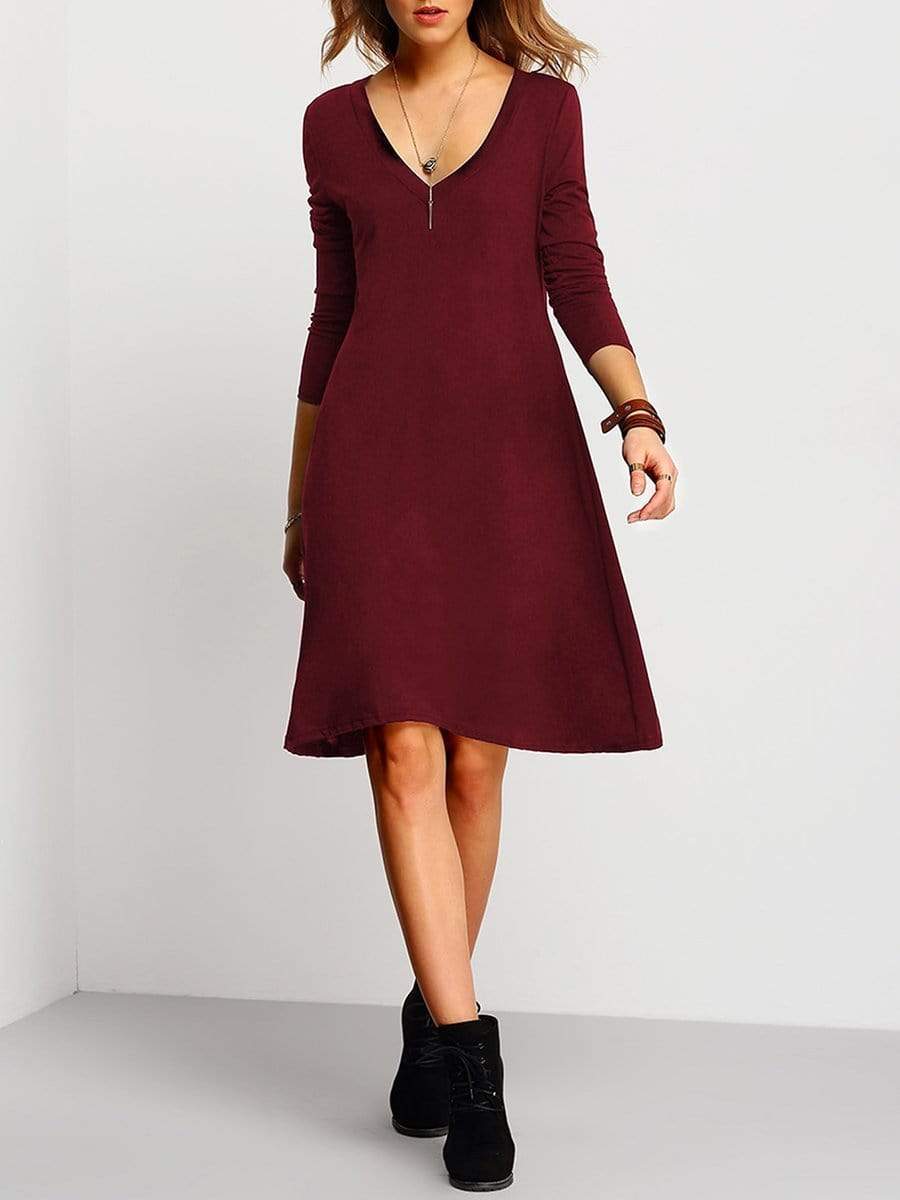 Deep V-Neck Plain Shift Dress