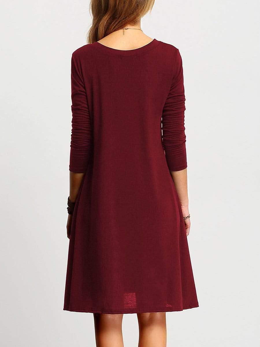 Deep V-Neck Plain Shift Dress