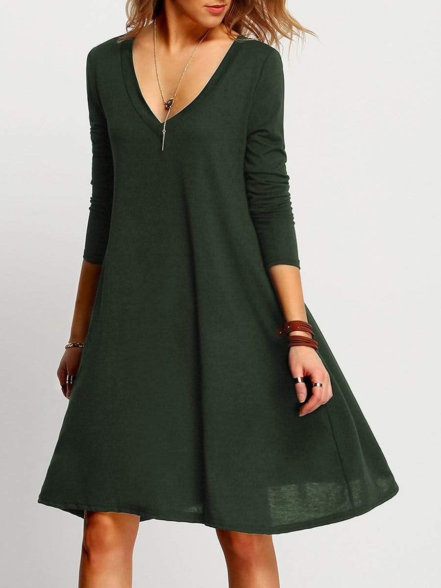 Deep V-Neck Plain Shift Dress