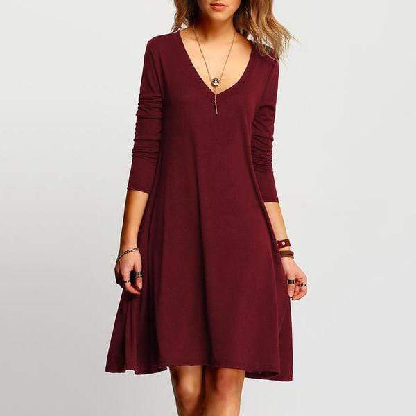 Deep V-Neck Plain Shift Dress