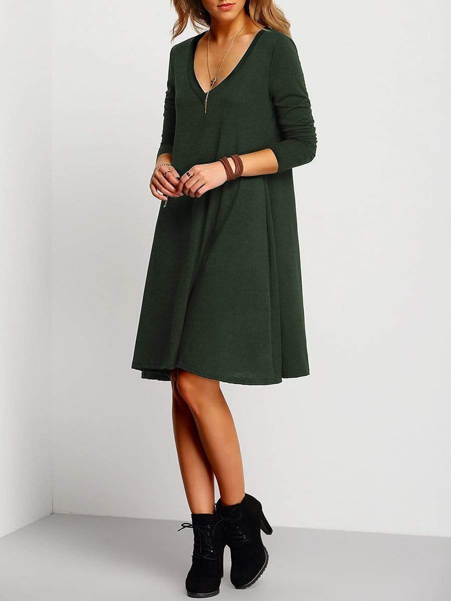 Deep V-Neck Plain Shift Dress