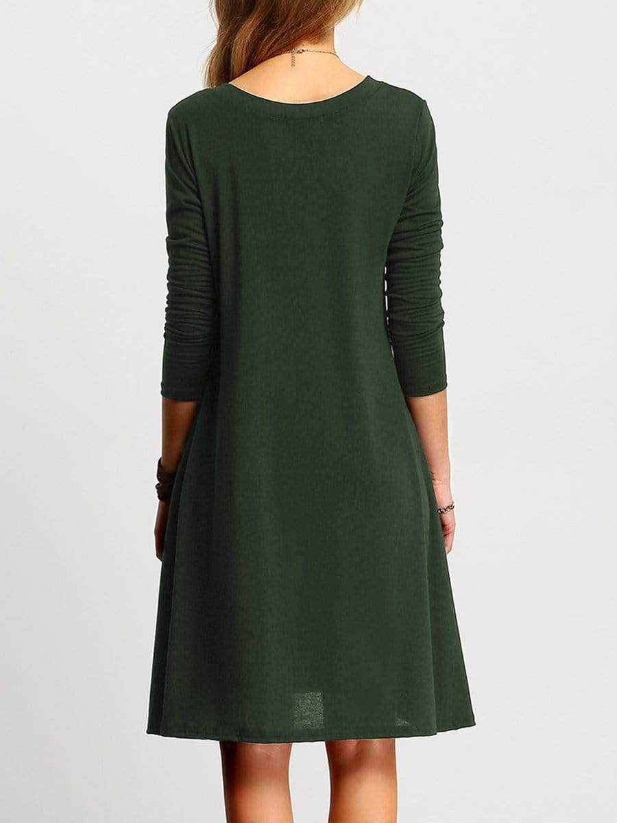 Deep V-Neck Plain Shift Dress