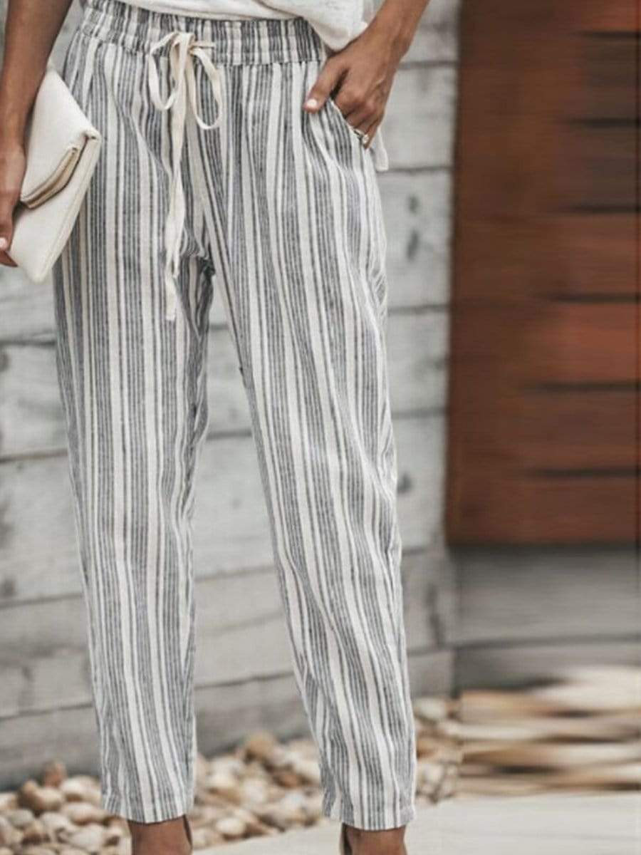 Slim Leg  Belt  Striped Pants