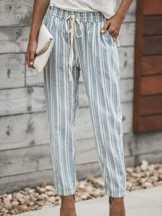 Slim Leg  Belt  Striped Pants