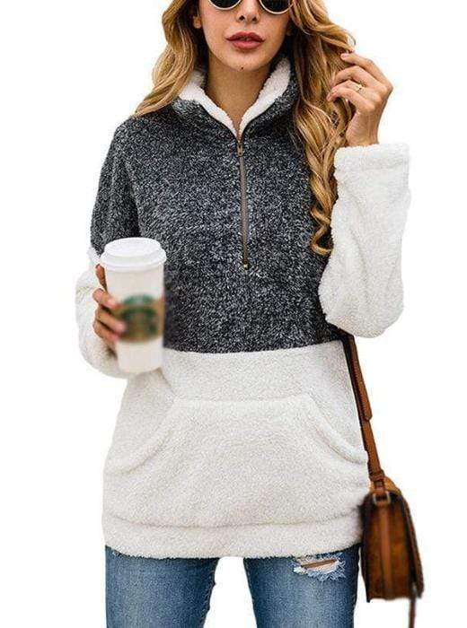 Women Casual Warm Hoodie Pocket Coat Zipper Turn-over Collar Long Sleeve Pullover