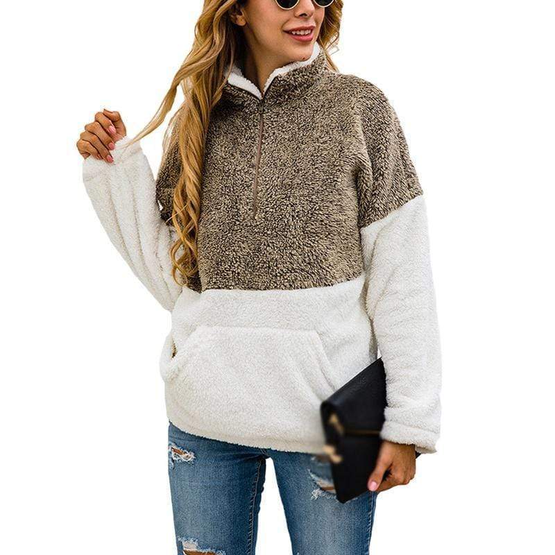 Women Casual Warm Hoodie Pocket Coat Zipper Turn-over Collar Long Sleeve Pullover