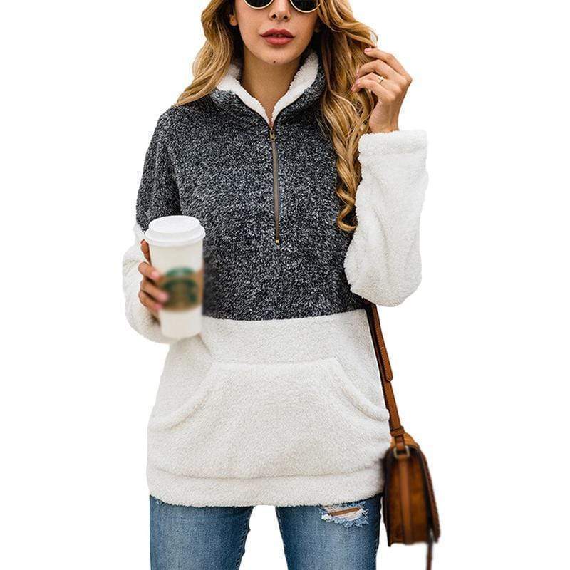 Women Casual Warm Hoodie Pocket Coat Zipper Turn-over Collar Long Sleeve Pullover