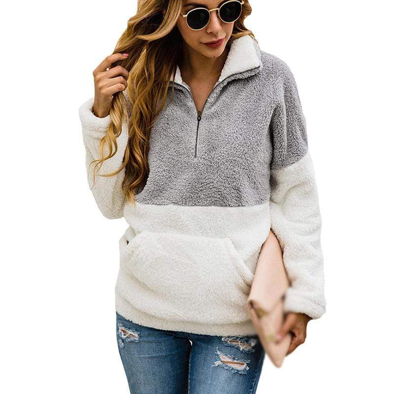 Women Casual Warm Hoodie Pocket Coat Zipper Turn-over Collar Long Sleeve Pullover