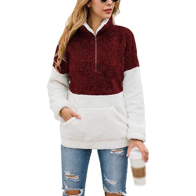 Women Casual Warm Hoodie Pocket Coat Zipper Turn-over Collar Long Sleeve Pullover