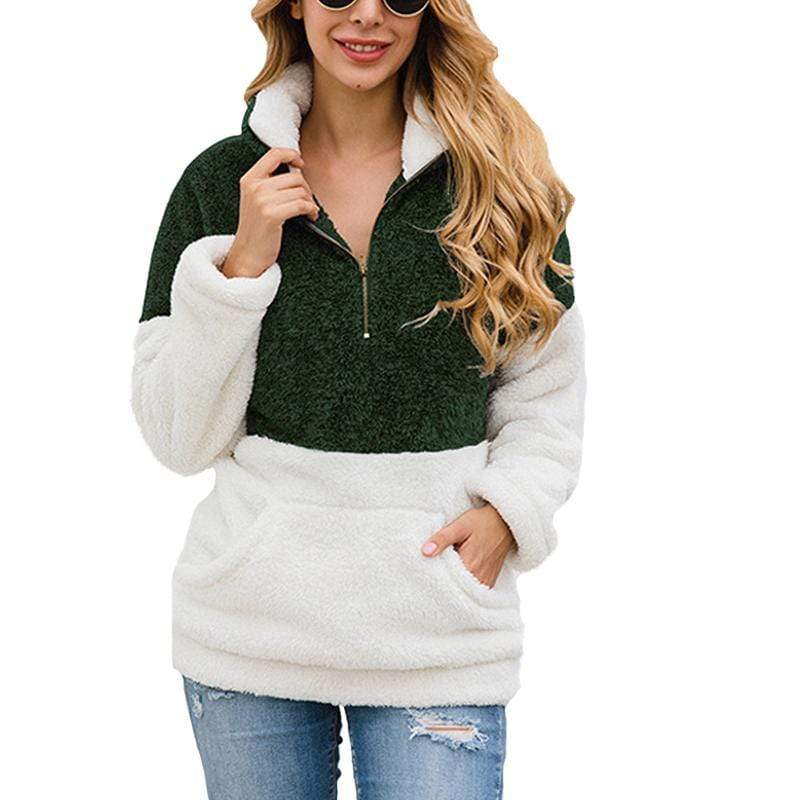 Women Casual Warm Hoodie Pocket Coat Zipper Turn-over Collar Long Sleeve Pullover