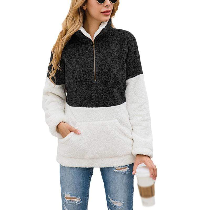 Women Casual Warm Hoodie Pocket Coat Zipper Turn-over Collar Long Sleeve Pullover