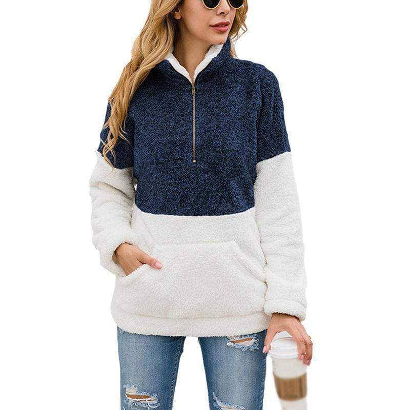 Women Casual Warm Hoodie Pocket Coat Zipper Turn-over Collar Long Sleeve Pullover