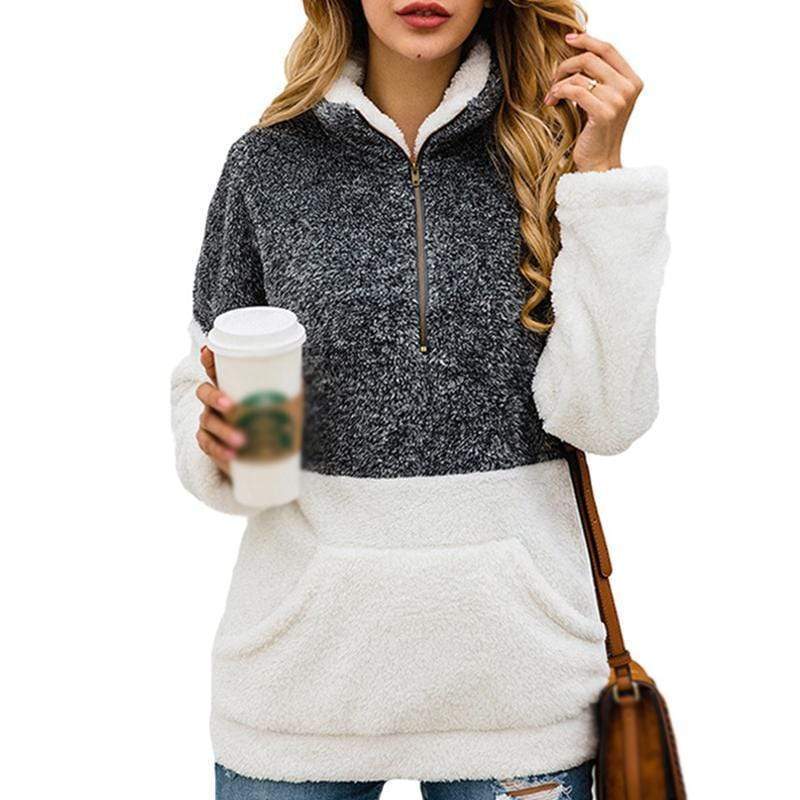 Women Casual Warm Hoodie Pocket Coat Zipper Turn-over Collar Long Sleeve Pullover