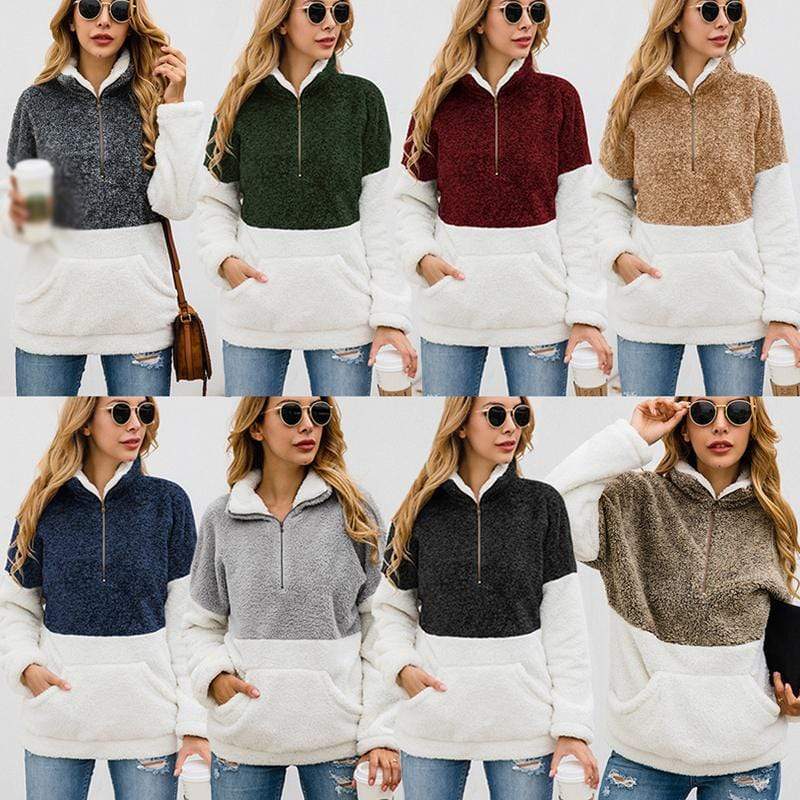 Women Casual Warm Hoodie Pocket Coat Zipper Turn-over Collar Long Sleeve Pullover