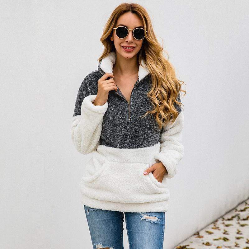 Women Casual Warm Hoodie Pocket Coat Zipper Turn-over Collar Long Sleeve Pullover