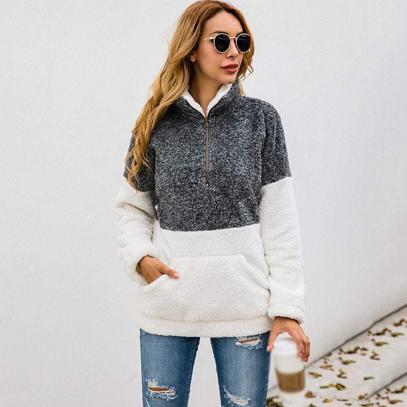 Women Casual Warm Hoodie Pocket Coat Zipper Turn-over Collar Long Sleeve Pullover