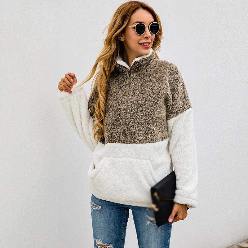 Women Casual Warm Hoodie Pocket Coat Zipper Turn-over Collar Long Sleeve Pullover