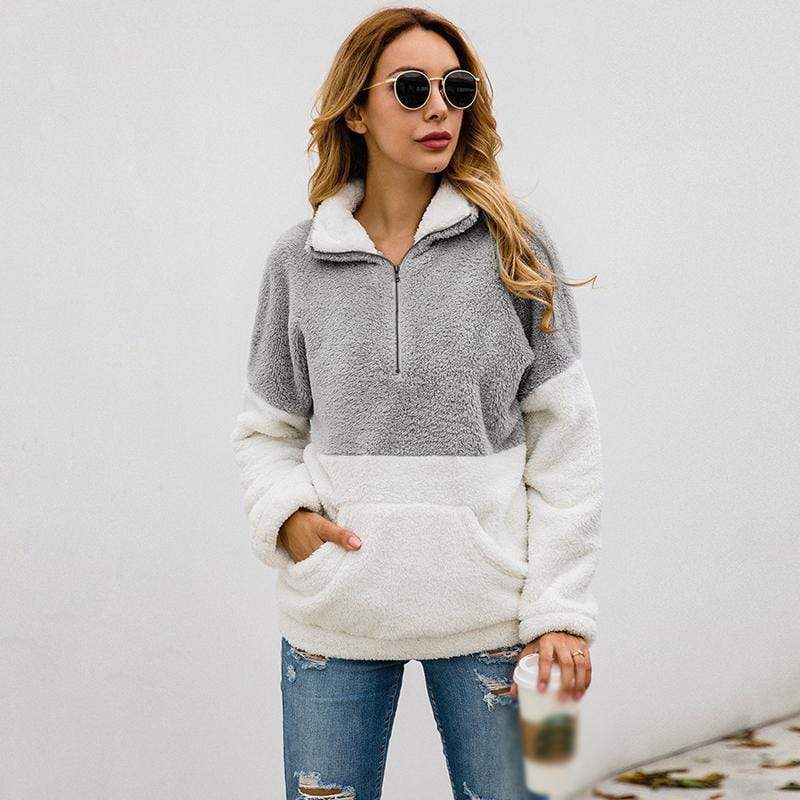 Women Casual Warm Hoodie Pocket Coat Zipper Turn-over Collar Long Sleeve Pullover