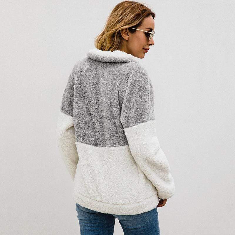 Women Casual Warm Hoodie Pocket Coat Zipper Turn-over Collar Long Sleeve Pullover