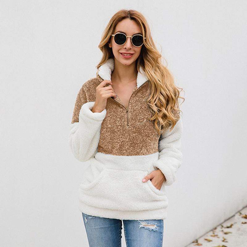 Women Casual Warm Hoodie Pocket Coat Zipper Turn-over Collar Long Sleeve Pullover