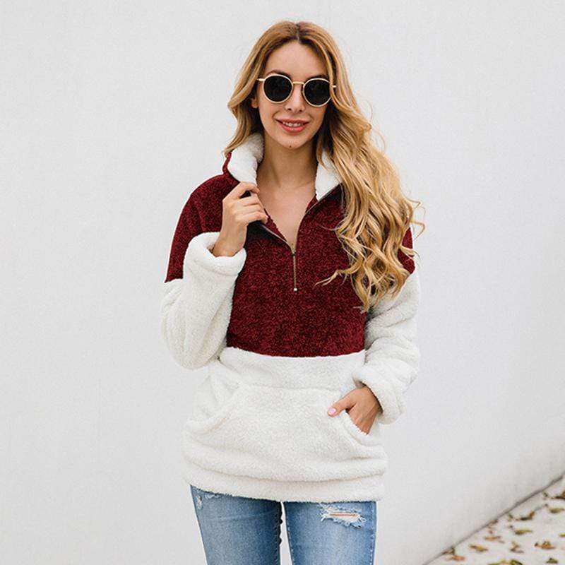 Women Casual Warm Hoodie Pocket Coat Zipper Turn-over Collar Long Sleeve Pullover