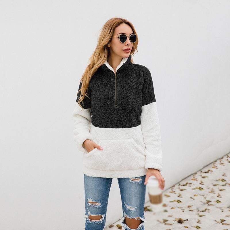 Women Casual Warm Hoodie Pocket Coat Zipper Turn-over Collar Long Sleeve Pullover