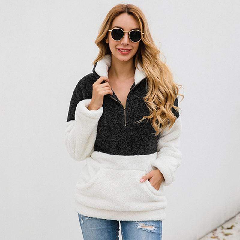 Women Casual Warm Hoodie Pocket Coat Zipper Turn-over Collar Long Sleeve Pullover