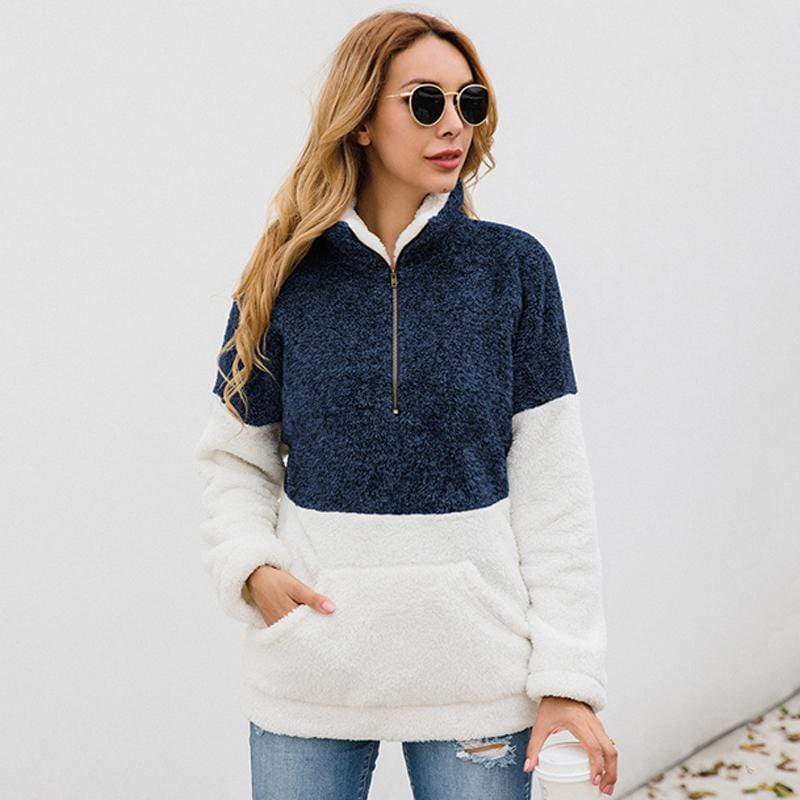 Women Casual Warm Hoodie Pocket Coat Zipper Turn-over Collar Long Sleeve Pullover