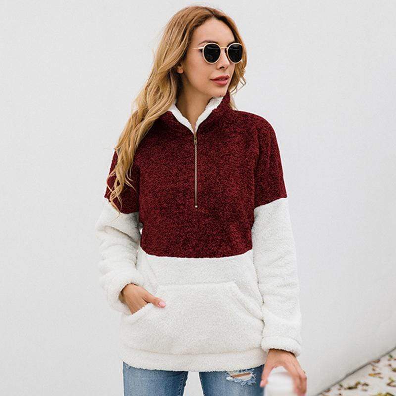 Women Casual Warm Hoodie Pocket Coat Zipper Turn-over Collar Long Sleeve Pullover