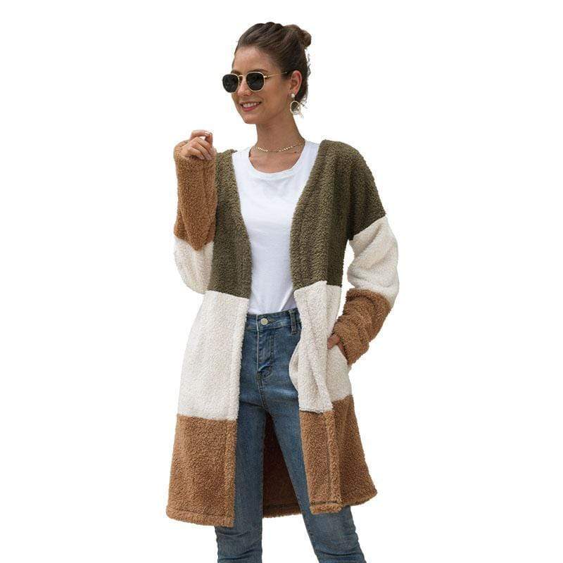 Women Coat Long Sleeve Three-Color Splice Warm Fashion Casual