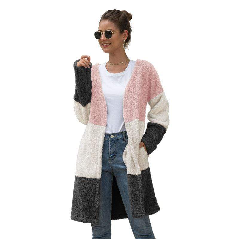 Women Coat Long Sleeve Three-Color Splice Warm Fashion Casual