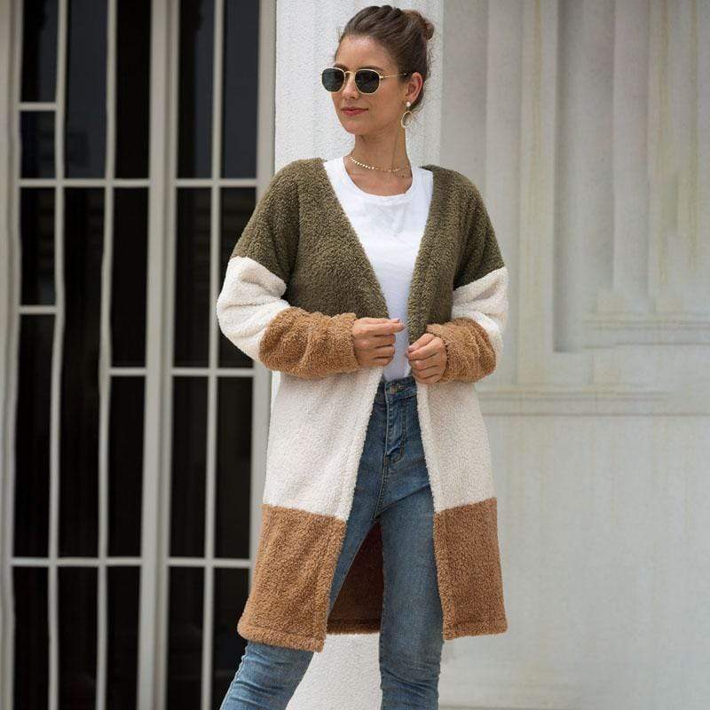 Women Coat Long Sleeve Three-Color Splice Warm Fashion Casual