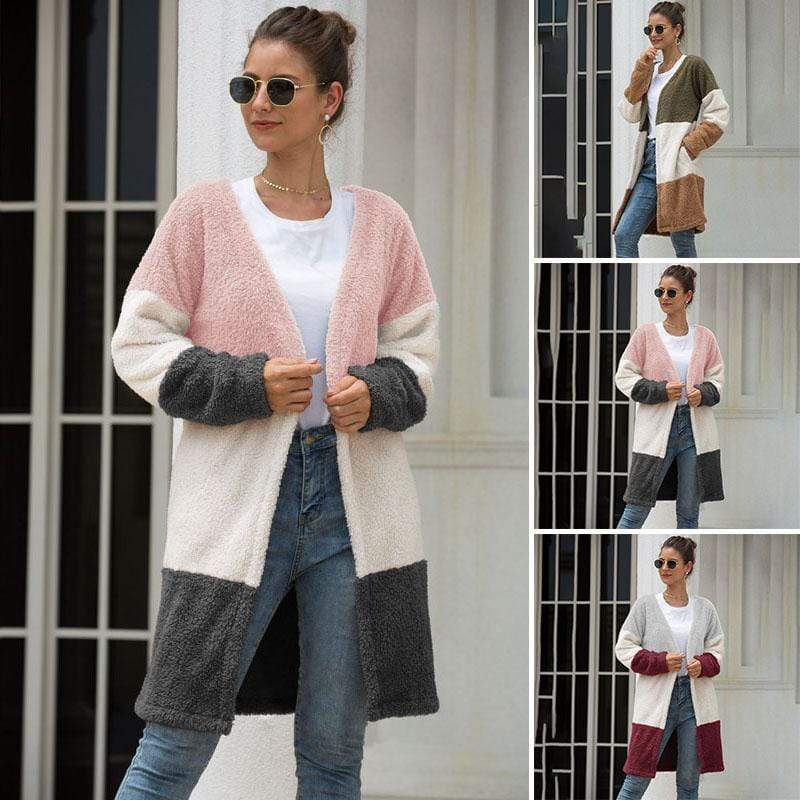 Women Coat Long Sleeve Three-Color Splice Warm Fashion Casual