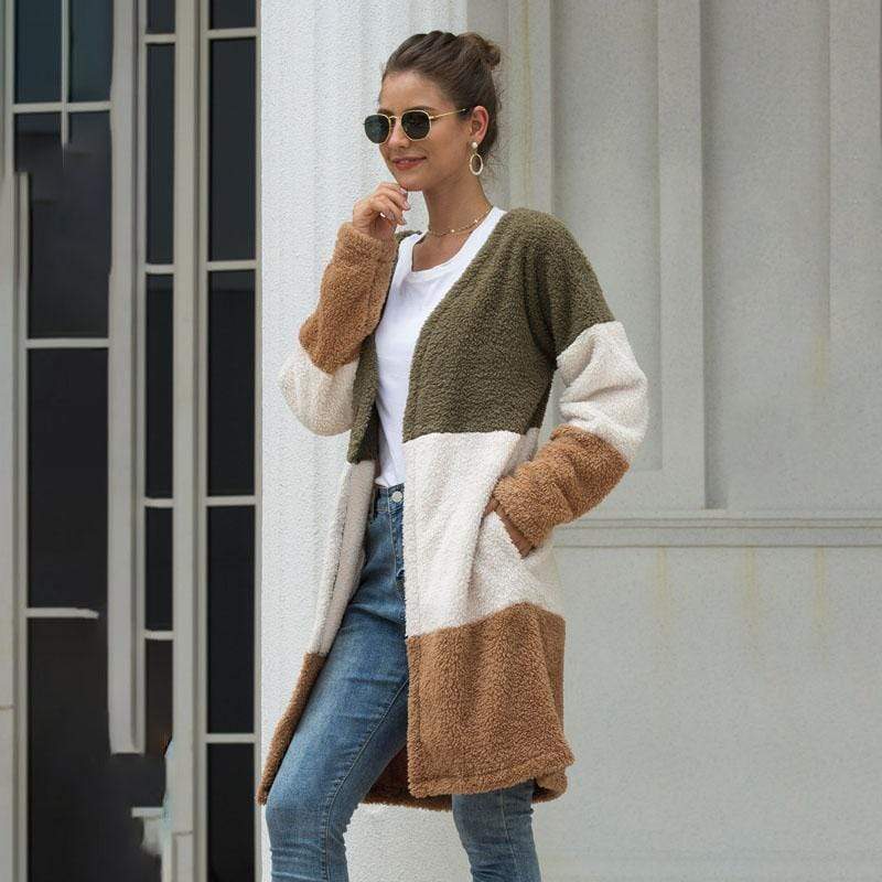 Women Coat Long Sleeve Three-Color Splice Warm Fashion Casual