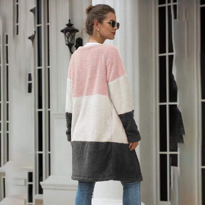 Women Coat Long Sleeve Three-Color Splice Warm Fashion Casual