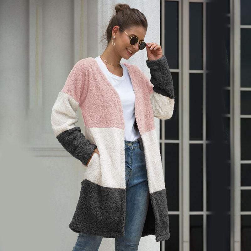 Women Coat Long Sleeve Three-Color Splice Warm Fashion Casual