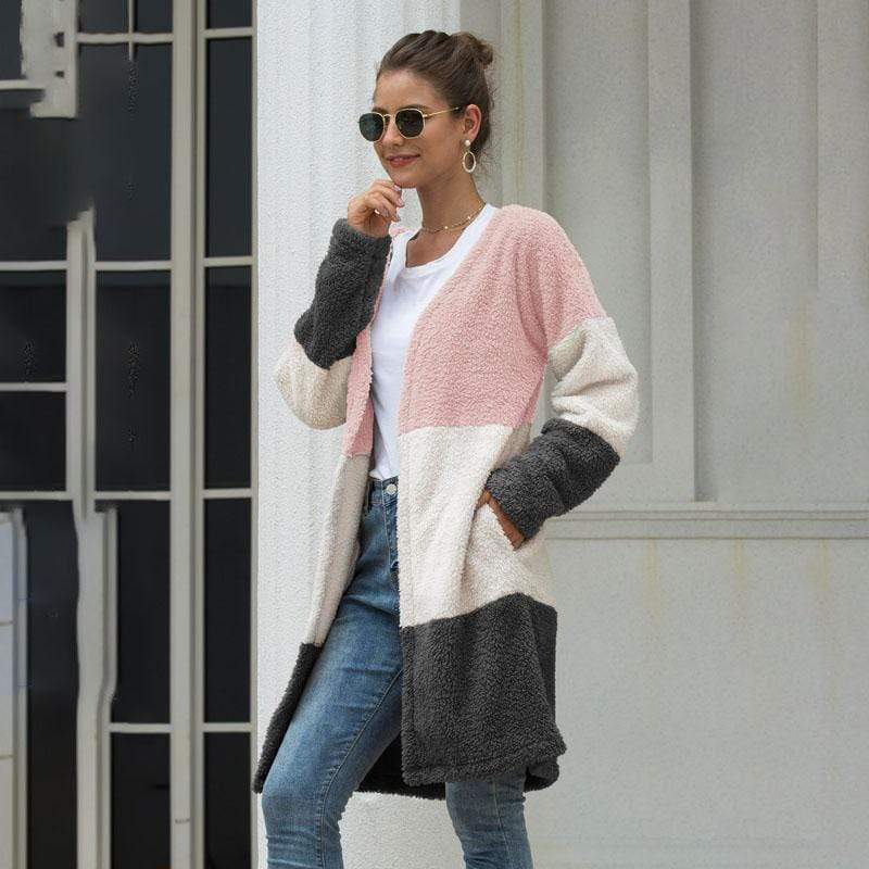 Women Coat Long Sleeve Three-Color Splice Warm Fashion Casual