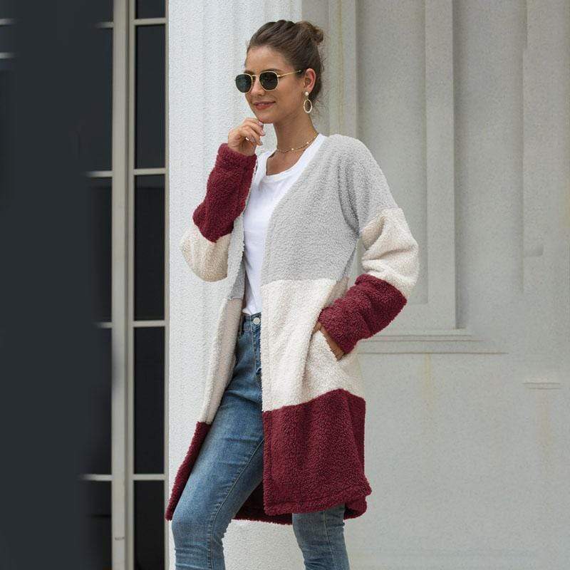 Women Coat Long Sleeve Three-Color Splice Warm Fashion Casual