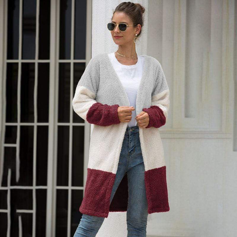 Women Coat Long Sleeve Three-Color Splice Warm Fashion Casual