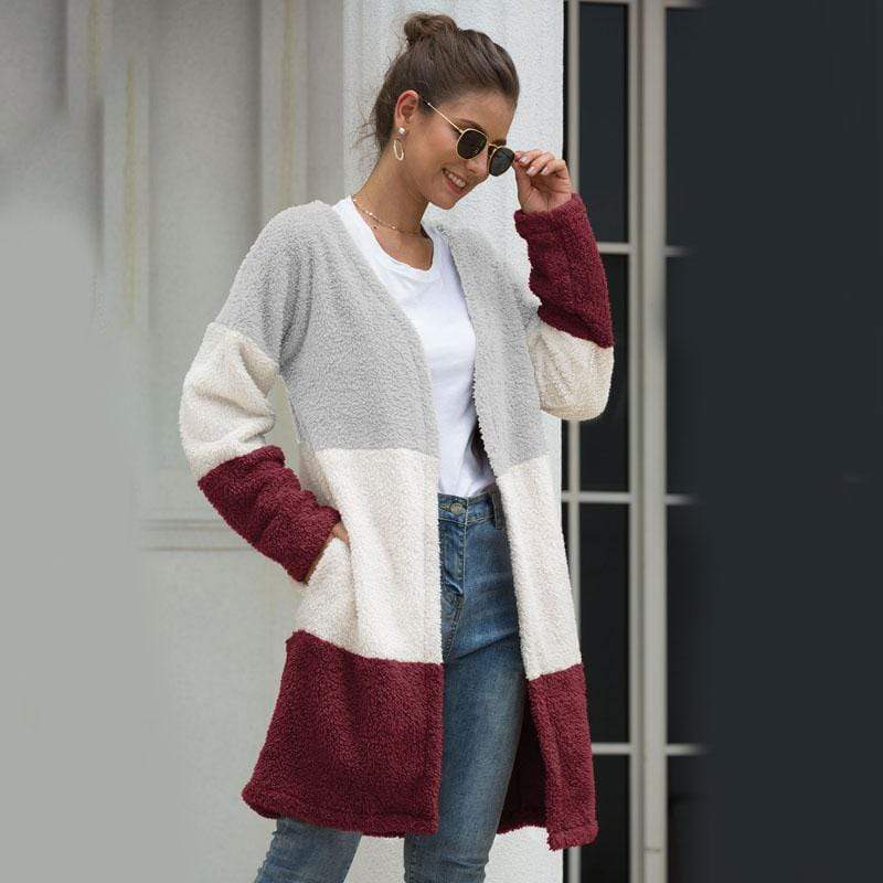 Women Coat Long Sleeve Three-Color Splice Warm Fashion Casual