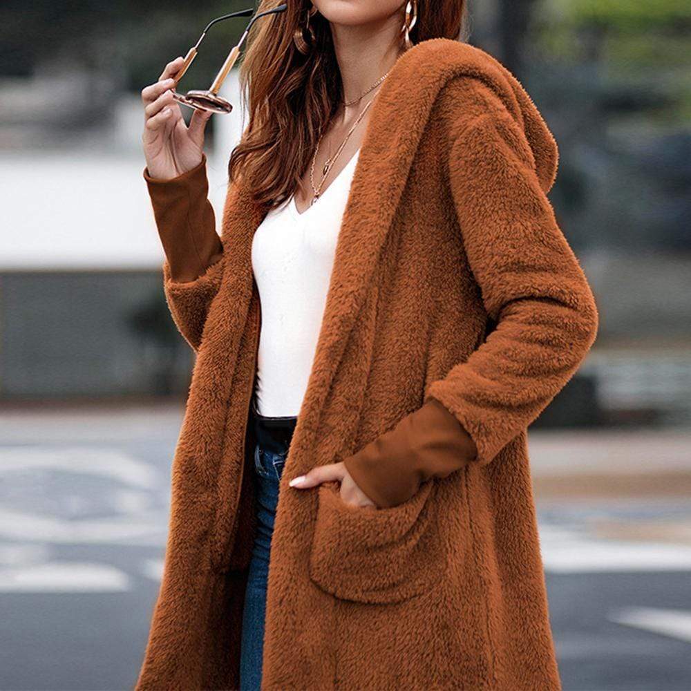 Women Coat Pocket With Hat Solid Color Long Sleeve